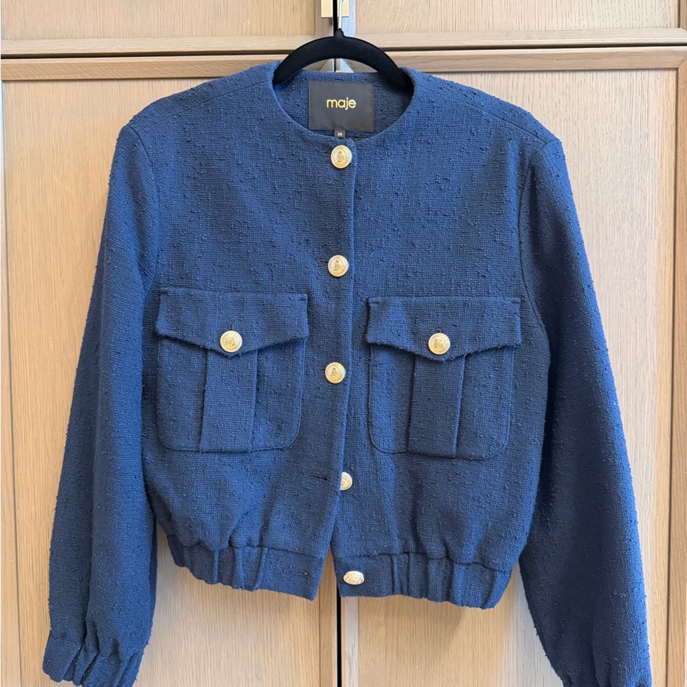 Maje Blue Textured Blazer with Gold Buttons